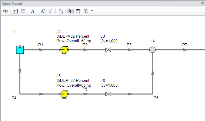 Visual Report window with output displayed for 2 pumps and 2 control valves.